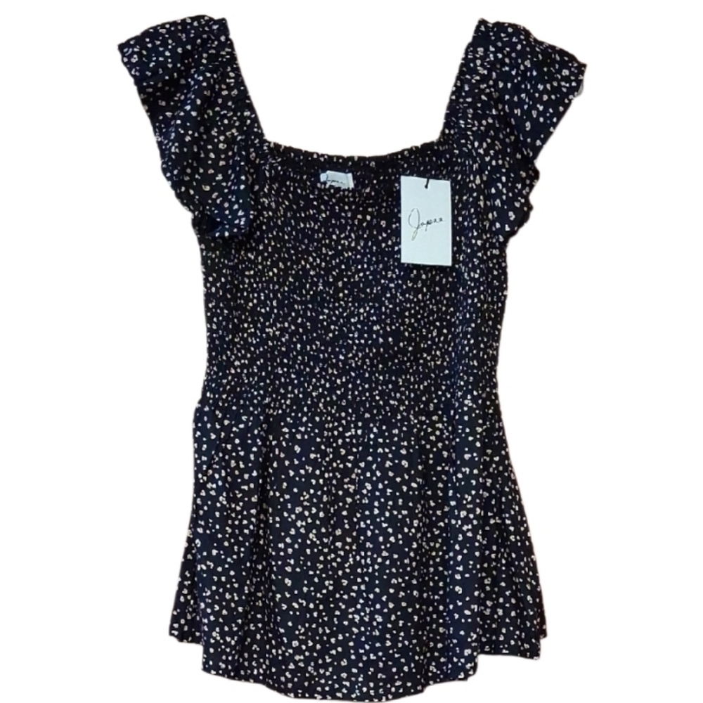 Japna Black and White Speckled Smocked Blouse Short Sleeve Size Small